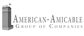 A logo of the company'American Amicable Group of Companies' in blue stylized lettering with a stylized blue graphic of an eagle to the left of the text, symbolizing freedom and security.